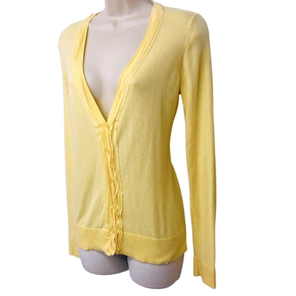 Ann Taylor Loft Light Yellow Lightweight Cardigan Stylish Ruffled V Neckline - Picture 16 of 16